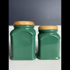 Set Of 2 Winsome Vintage Ceramic Container With Wooden Lid